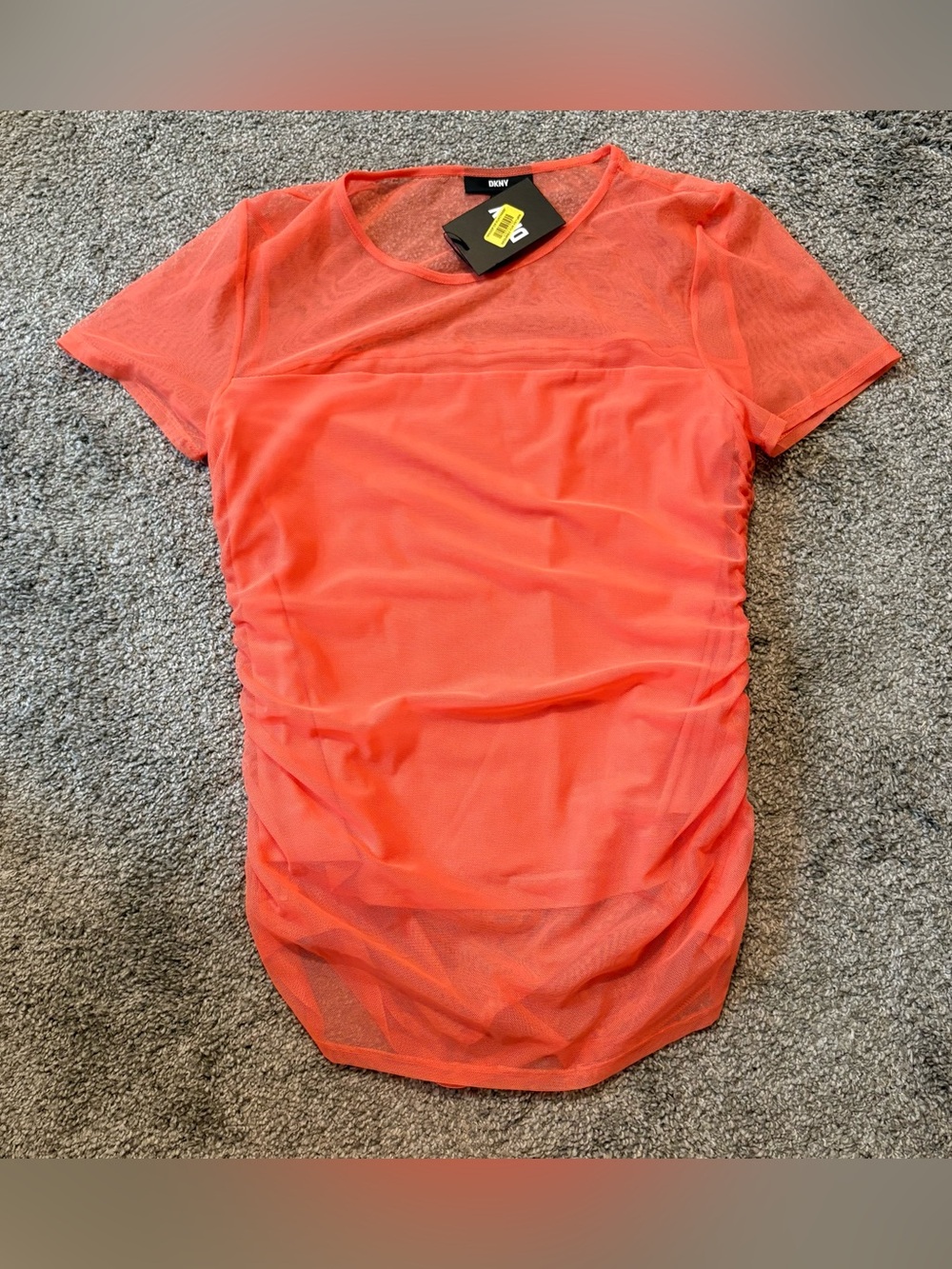 DKNY Coral-Orange Short Sleeve Mesh Ruched Top